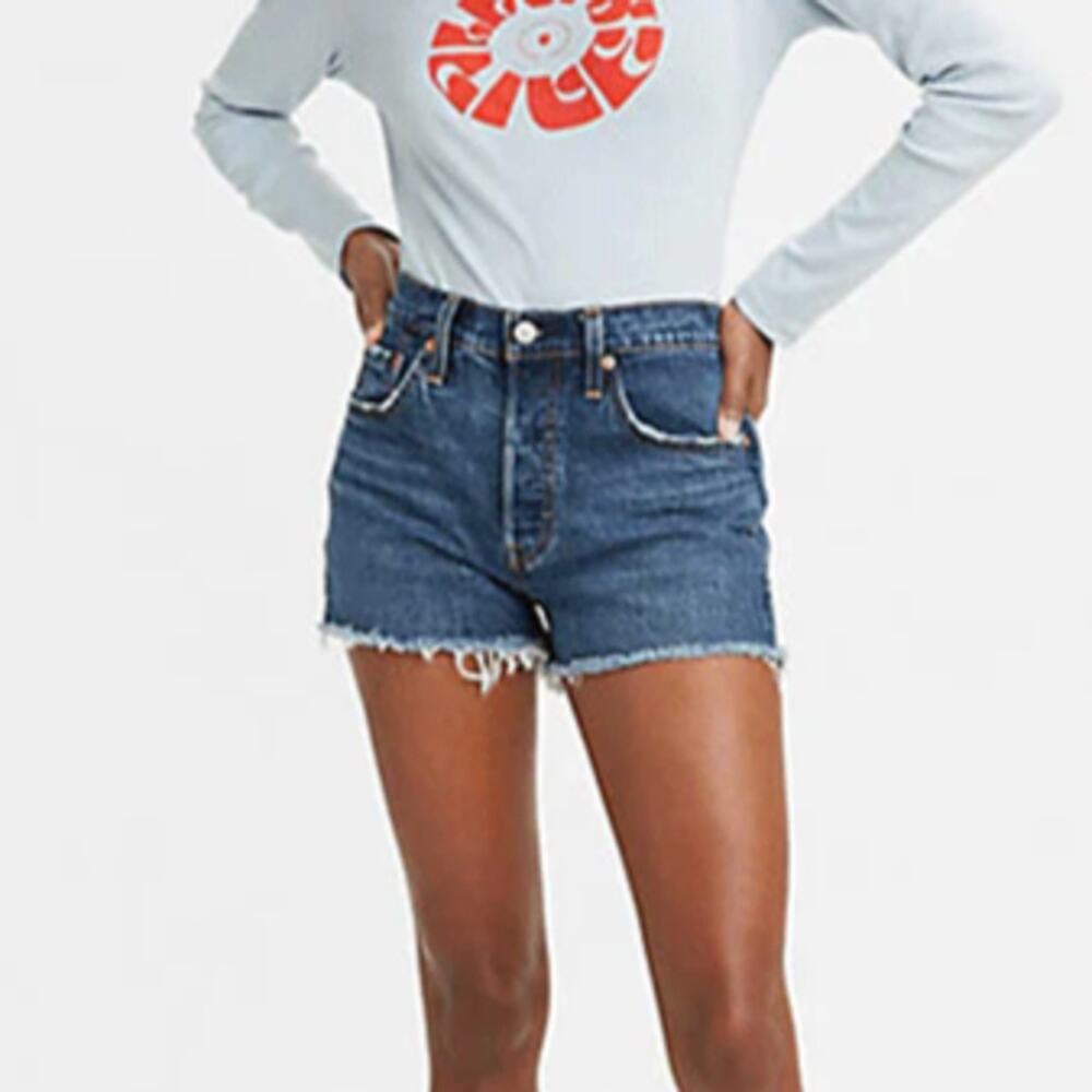 Levi's 501 Original High-Rise Button Fly Raw Hem Jean Shorts Medium Wash Blue 24
